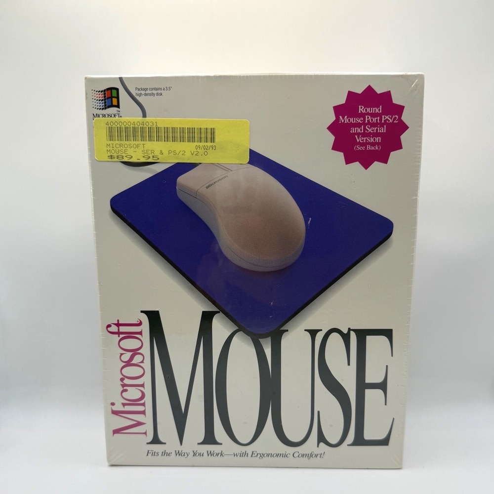 Vintage Microsoft Mouse 2.0 White Ergonomic PS/2 Serial Sealed New Old Stock